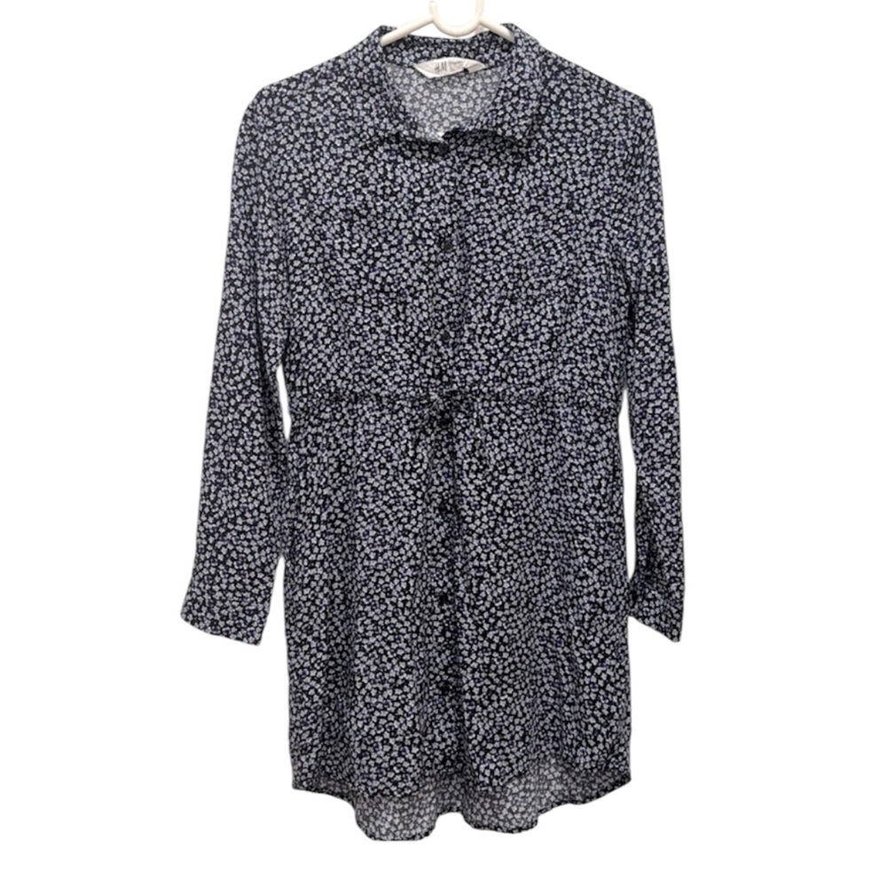H&M floral long sleeve collared button tie-waist shirt dress Girls 14